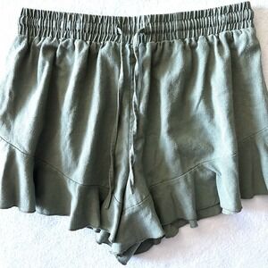 Showpo Sz 4 Shorts Linen Viscose Olive Green Ruffle Elastic‎ Waist Drawstring